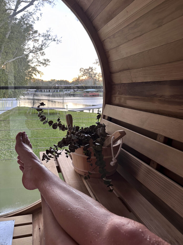 A woman relaxes in a natural setting