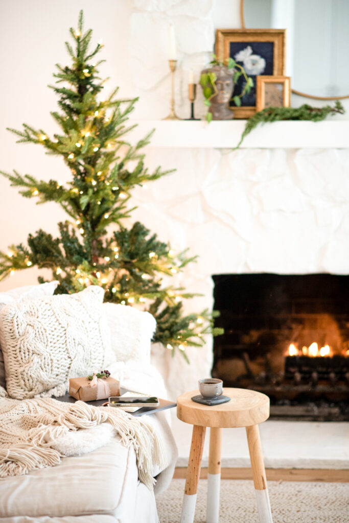 a cozy indoor holiday season scene, complete with christmas tree, fireplace, hot cocoa, and a gift of soap.