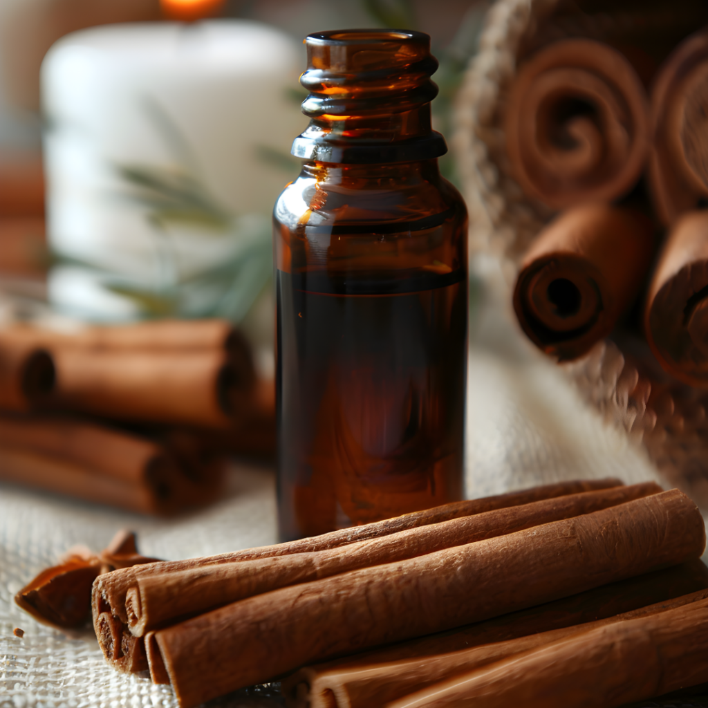 Cinnamon oil, a key fall essential oil, is displayed in a brown vial. 