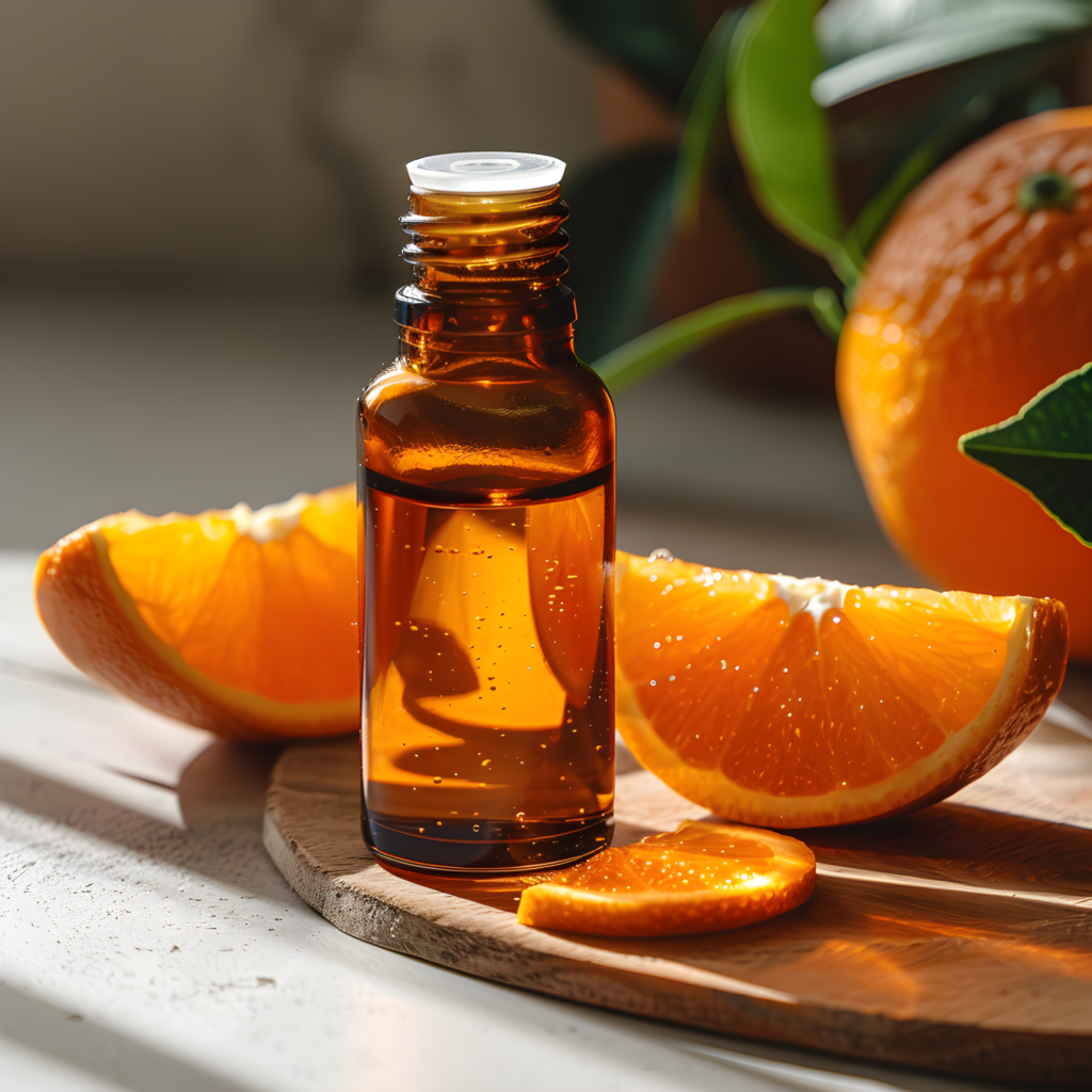 An essential oil surrounded by orange slices. 