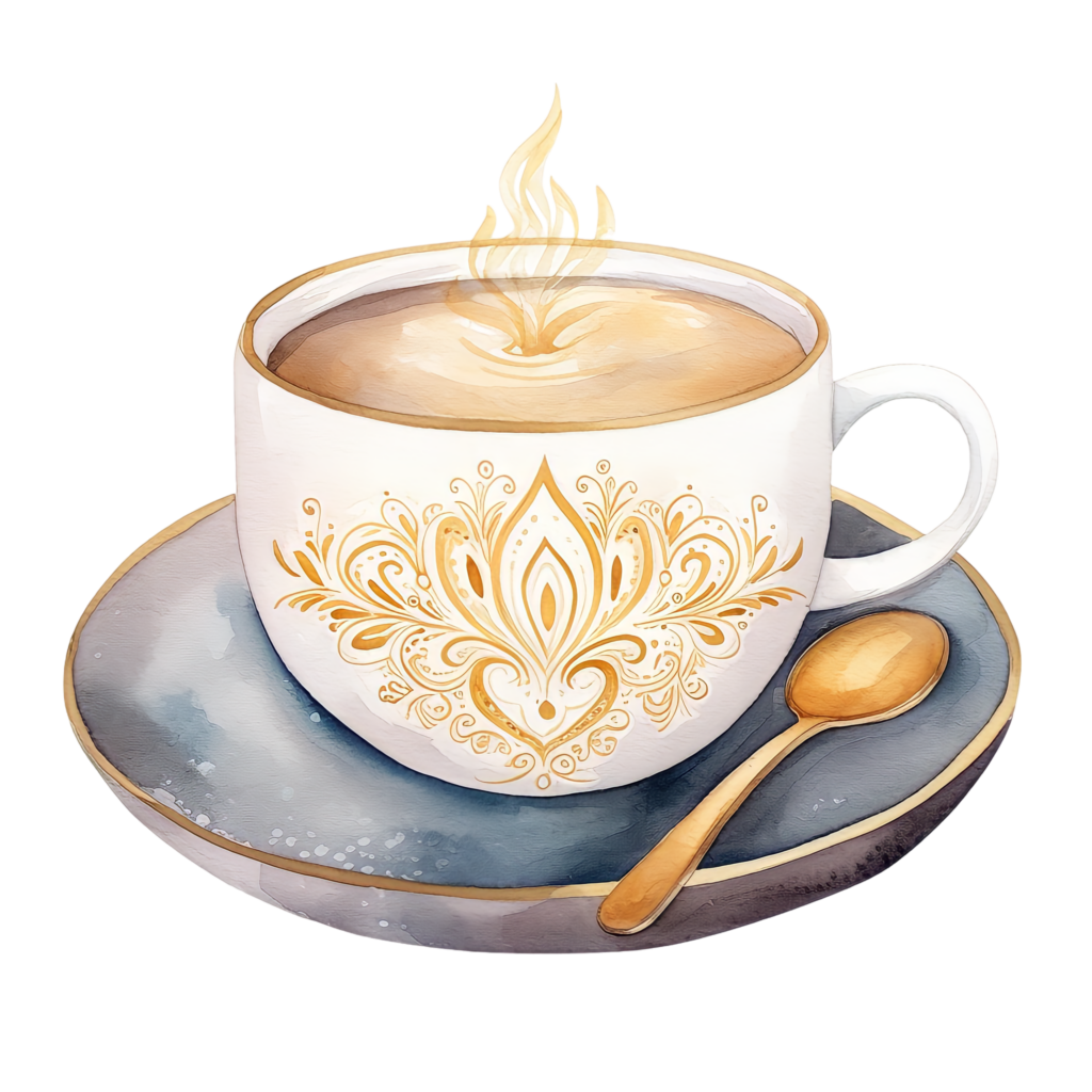 A steaming cup of coffee is used to represent the morning ritual