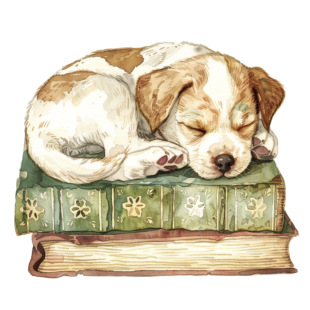 a dog is sitting on a pile of books, power napping.